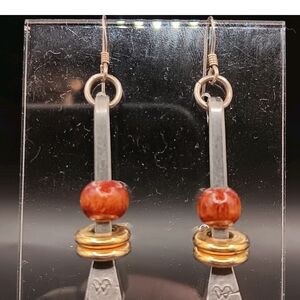 Artisan Sterling Silver and Gold Tone Earrings with Wooden Beads